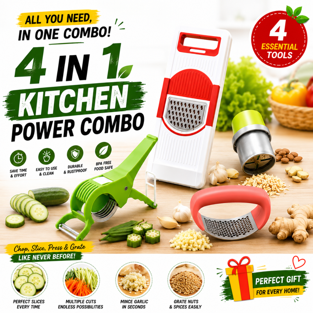 4-in-1 Kitchen Prep Combo Set | Vegetable Slicer, Garlic Press, Nut Grater & Vegetable Cutter
